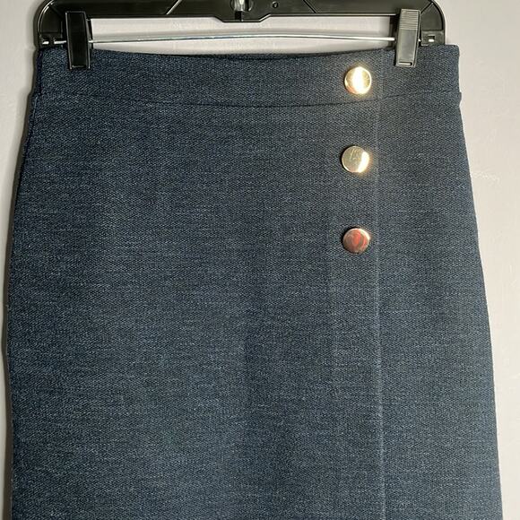 Loft Navy Blue Wrap Skirt Gold Button Detail Size 2 - Picture 2 of 9